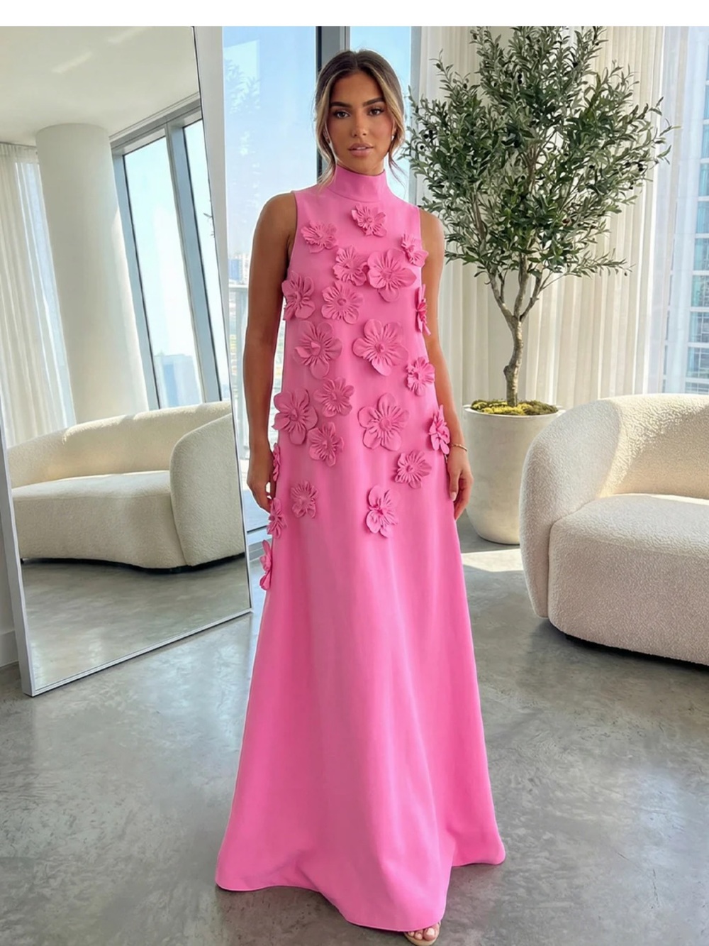 Sleeveless Pink 3d Floral Appliqué Maxi Dress
